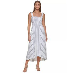 DKNY‎ Womens Size 10 Striped Smocked Midi Dress in White/Blue Stretch Bust $134